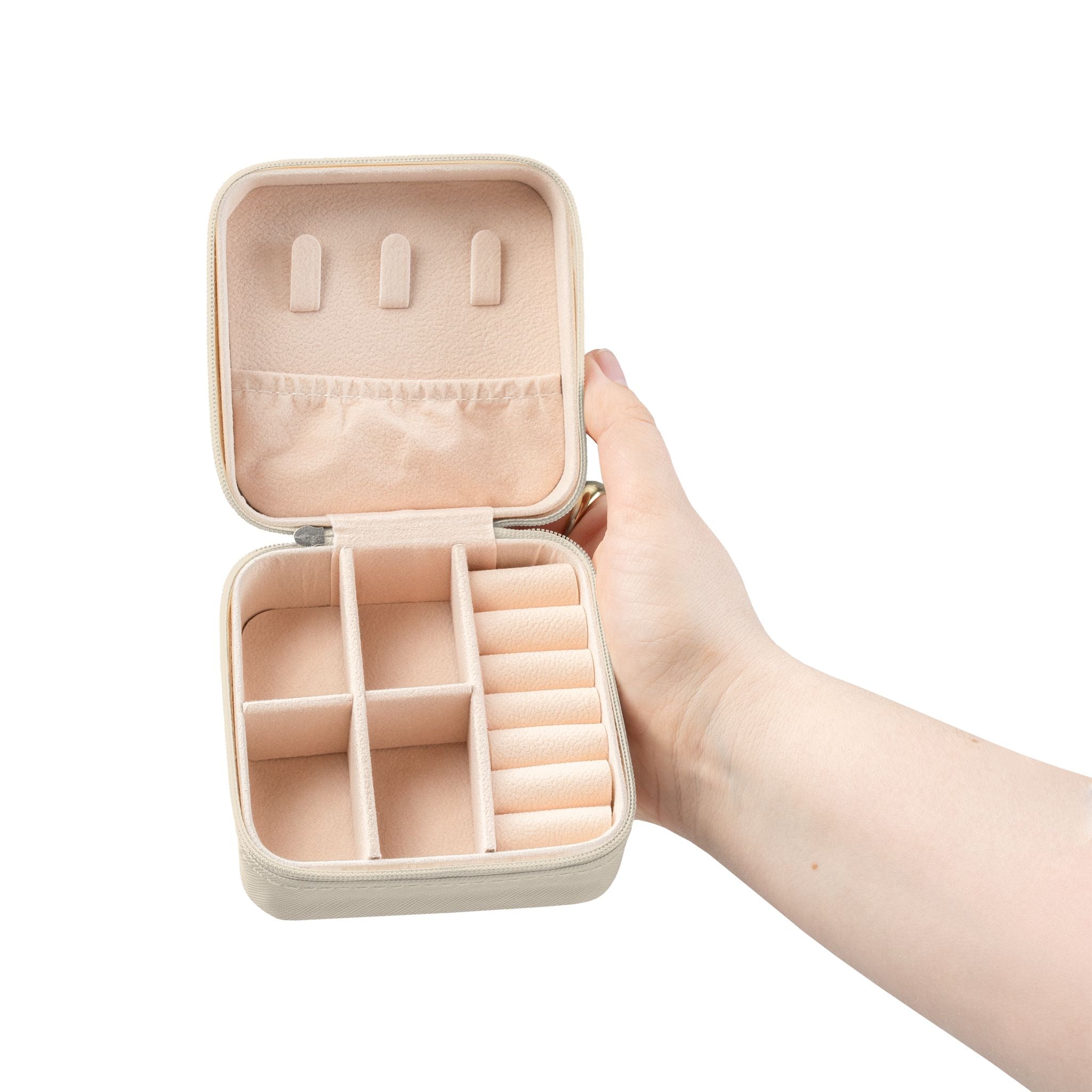 Small Handheld Jewelry Travel Case - Compact Organizer with Ring Rolls & Compartments