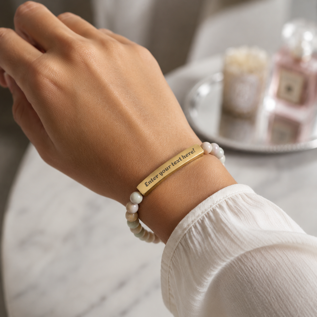 ADD YOUR TEXT - Engraved Natural Stone Bead Bar Bracelet