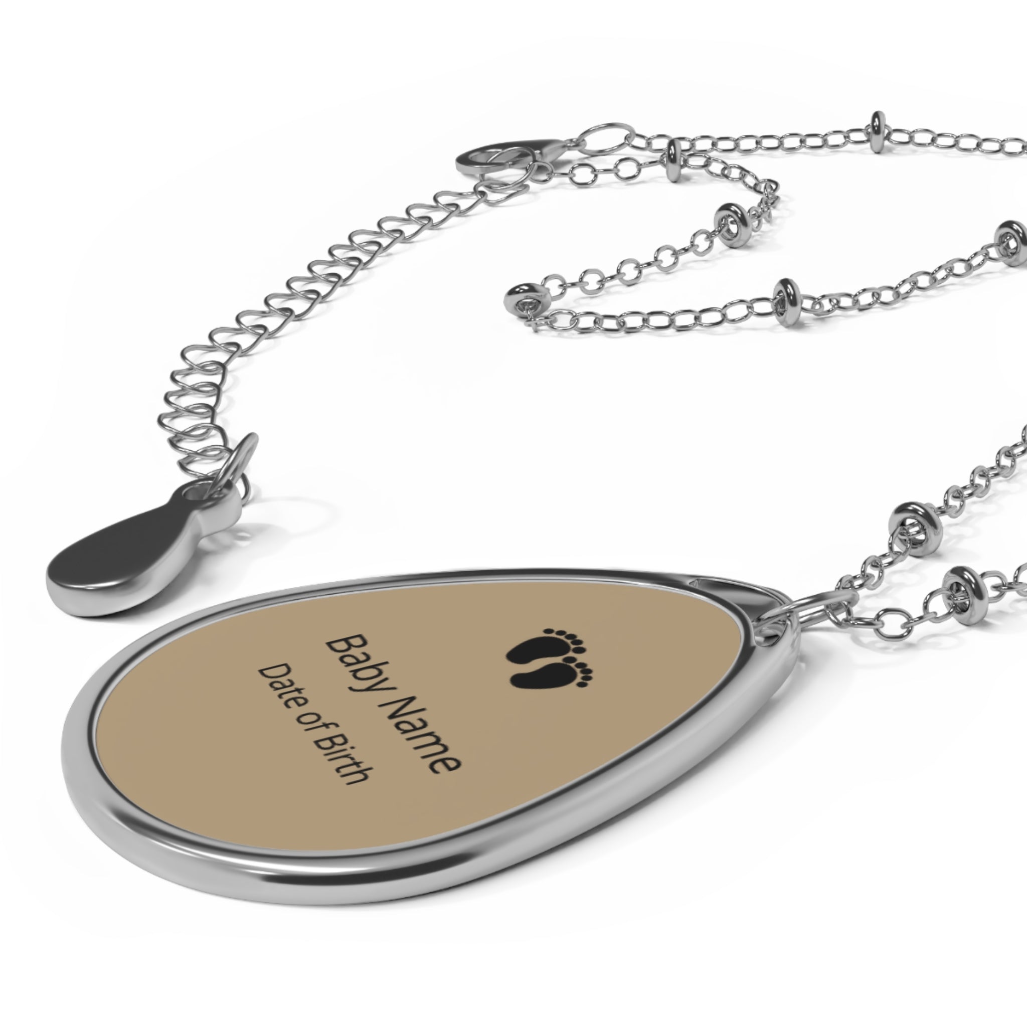 PERSONALIZE - Baby Footprint Oval Necklace - Silver & Taupe