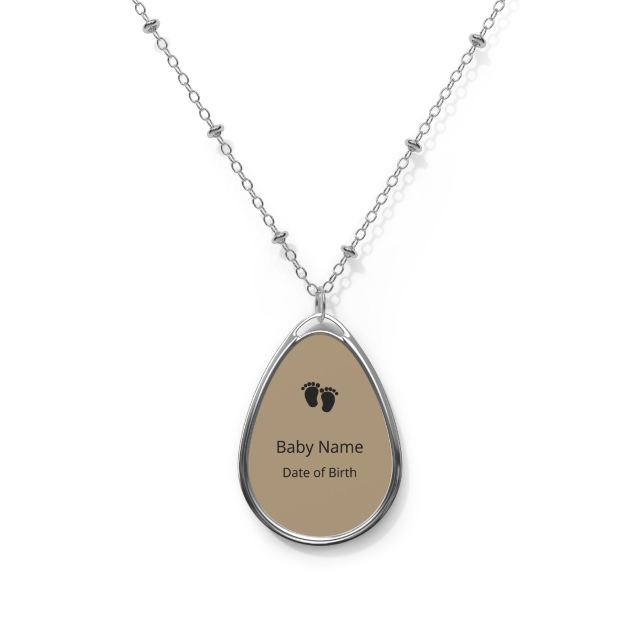 PERSONALIZE - Baby Footprint Oval Necklace - Silver & Taupe