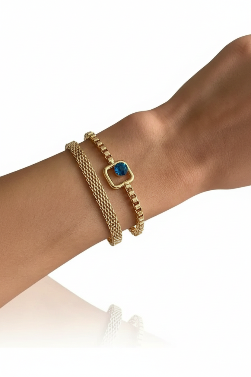 Blue Sparkle Bracelet Set Adjustable Two Piece Minimalist Jewelry