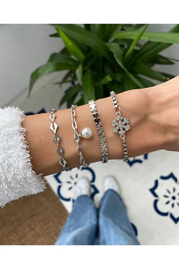 Snowflake Layered Bracelet Set Adjustable Four Piece Stackable Jewelry