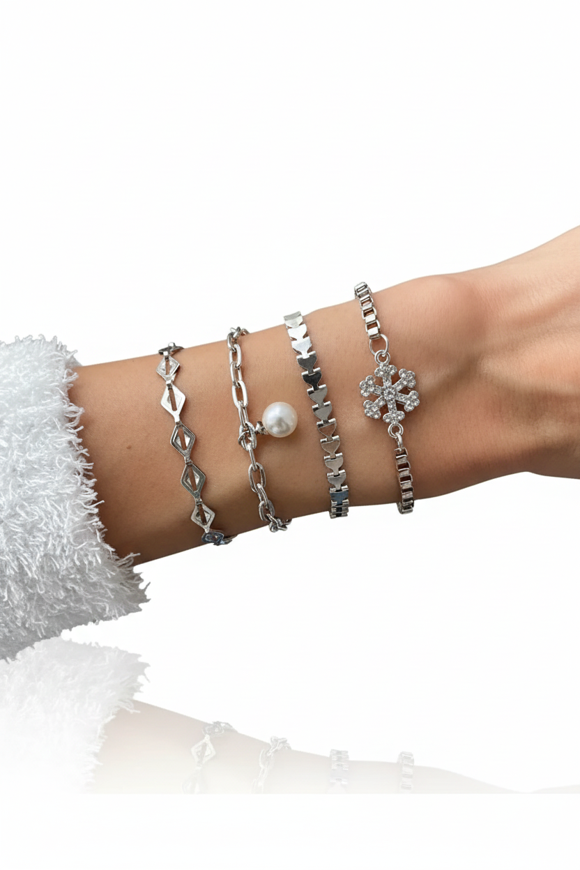 Snowflake Layered Bracelet Set Adjustable Four Piece Stackable Jewelry